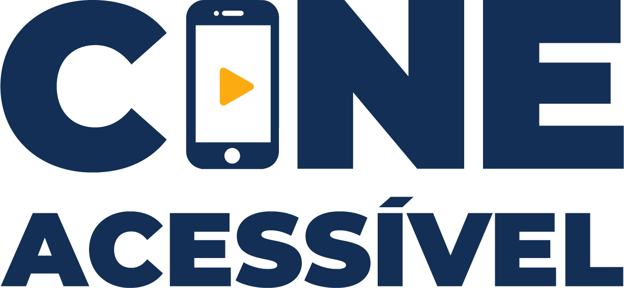 Logotipo do Cine Acessível em azul escuro. Ele é composto pela palavra “Cine”, acima da palavra “Acessível”. A letra “I” da palavra “Cine” é estilizada no formato de um smartphone. Na tela do aparelho, há um botão amarelo de “play”.